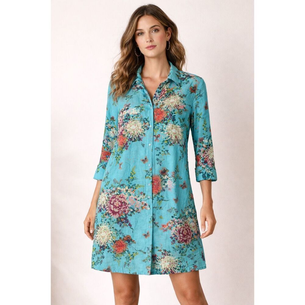 Happy Few XL Teal Floral Butterfly Cotton Boho Shirt Dress NWT